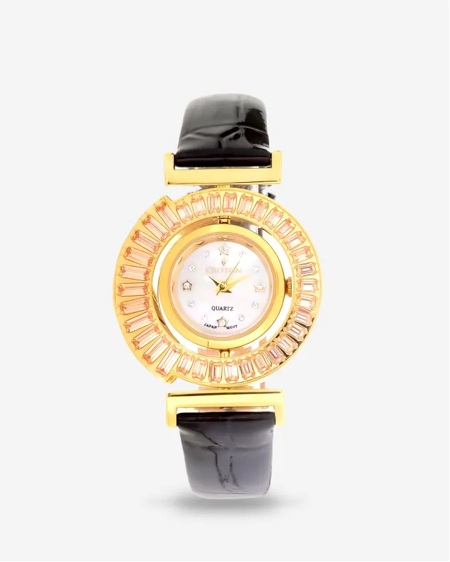 RotaLux Reversible Woman's Bezel With Crystal Accented Colors & Leather Strap