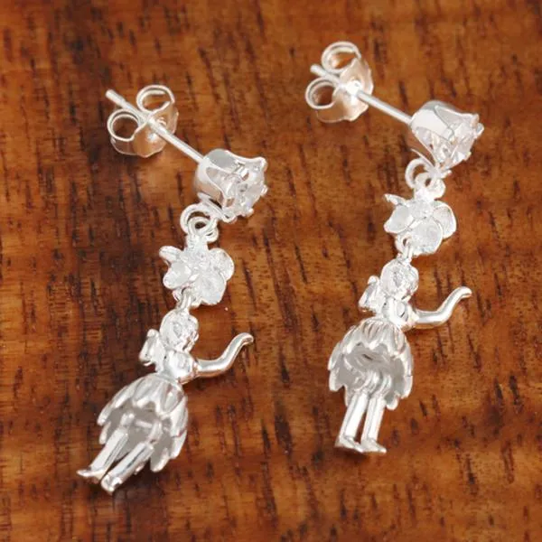 Sterling Silver CZ, 6mm Plumeria and Hula Dancer Post Earrings