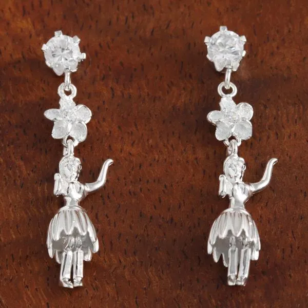 Sterling Silver CZ, 6mm Plumeria and Hula Dancer Post Earrings