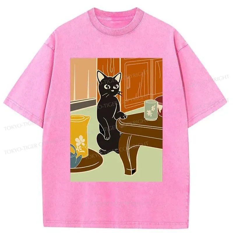 Tokyo-Tiger Black Cat and Tea Japanese Washed T-Shirt