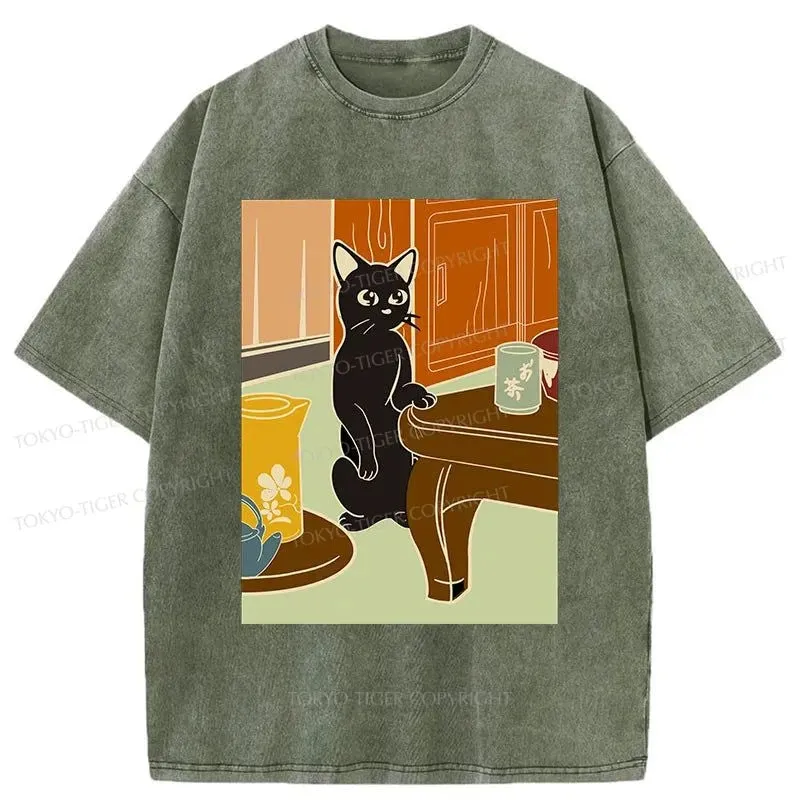 Tokyo-Tiger Black Cat and Tea Japanese Washed T-Shirt