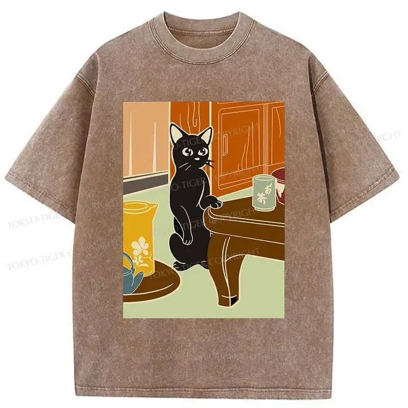 Tokyo-Tiger Black Cat and Tea Japanese Washed T-Shirt