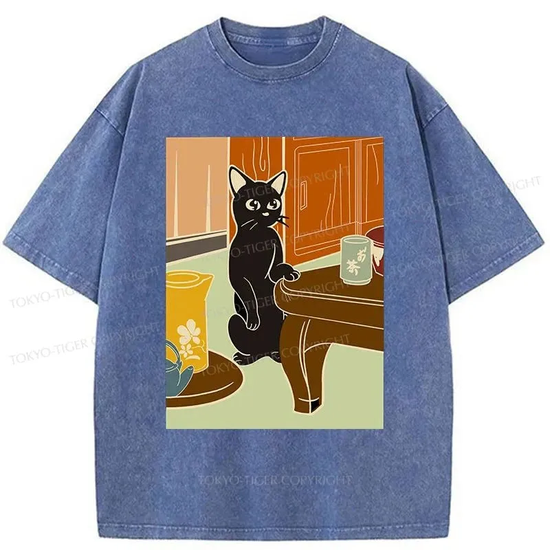 Tokyo-Tiger Black Cat and Tea Japanese Washed T-Shirt