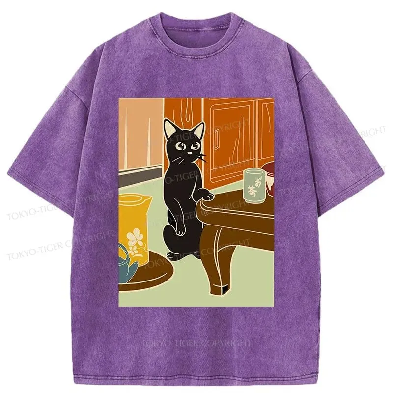 Tokyo-Tiger Black Cat and Tea Japanese Washed T-Shirt