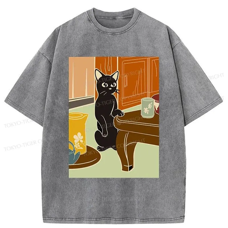 Tokyo-Tiger Black Cat and Tea Japanese Washed T-Shirt