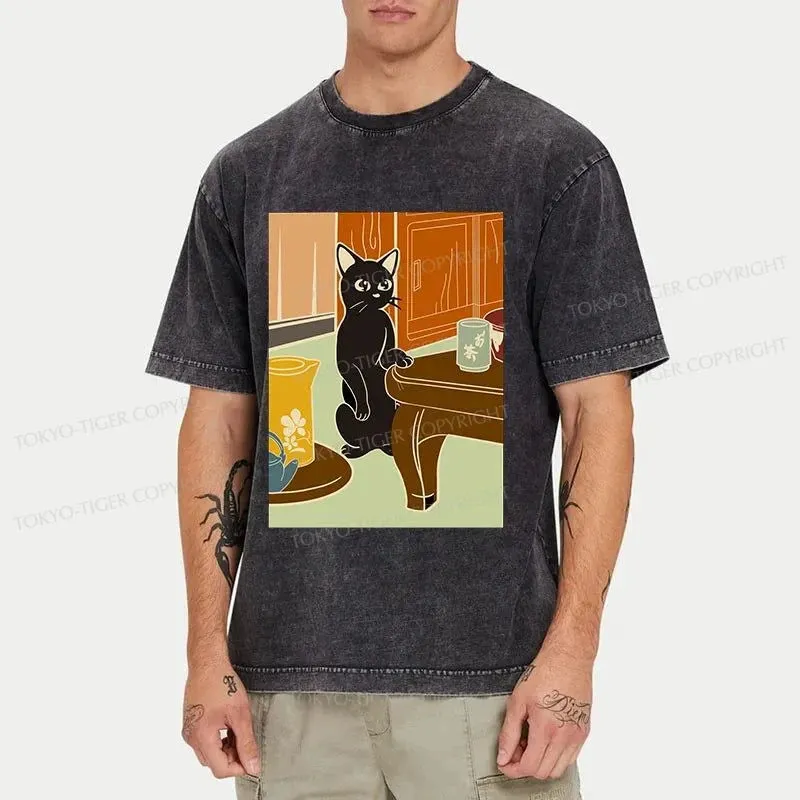 Tokyo-Tiger Black Cat and Tea Japanese Washed T-Shirt