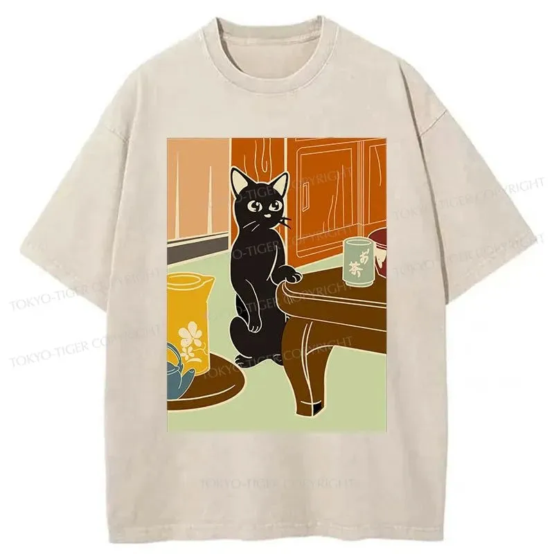 Tokyo-Tiger Black Cat and Tea Japanese Washed T-Shirt