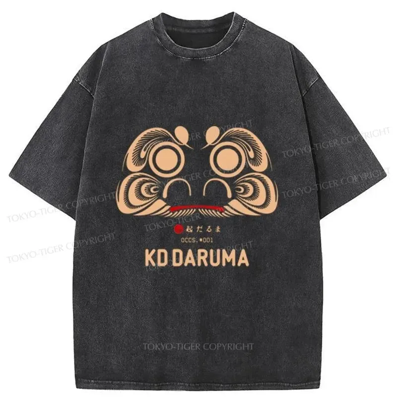 Tokyo-Tiger Daruma Doll Design Japanese Washed T-Shirt