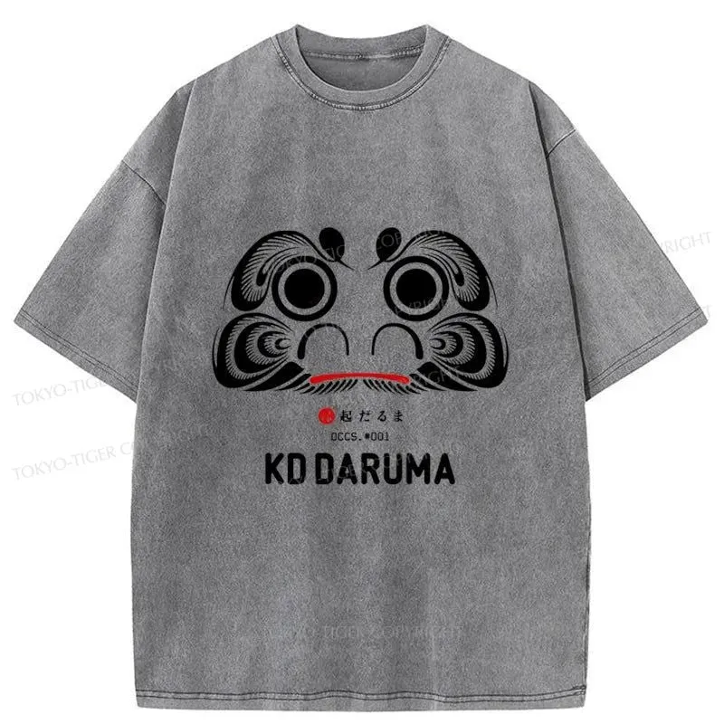 Tokyo-Tiger Daruma Doll Design Japanese Washed T-Shirt