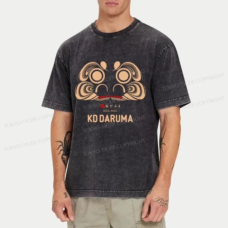 Tokyo-Tiger Daruma Doll Design Japanese Washed T-Shirt