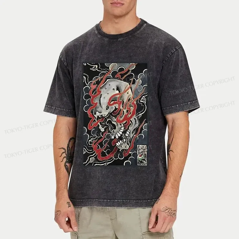 Tokyo-Tiger Flame And Skull Japanese Washed T-Shirt