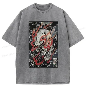 Tokyo-Tiger Flame And Skull Japanese Washed T-Shirt