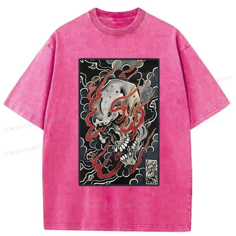 Tokyo-Tiger Flame And Skull Japanese Washed T-Shirt