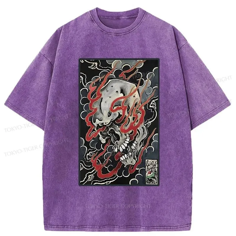 Tokyo-Tiger Flame And Skull Japanese Washed T-Shirt