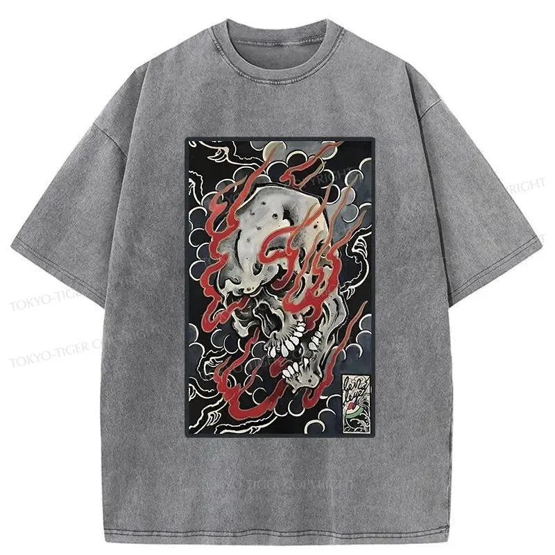 Tokyo-Tiger Flame And Skull Japanese Washed T-Shirt