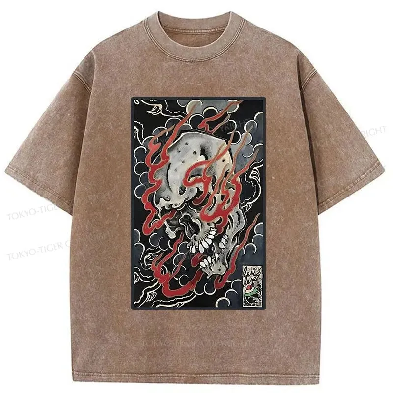 Tokyo-Tiger Flame And Skull Japanese Washed T-Shirt