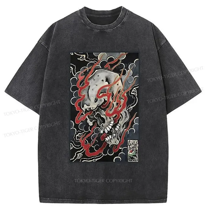 Tokyo-Tiger Flame And Skull Japanese Washed T-Shirt