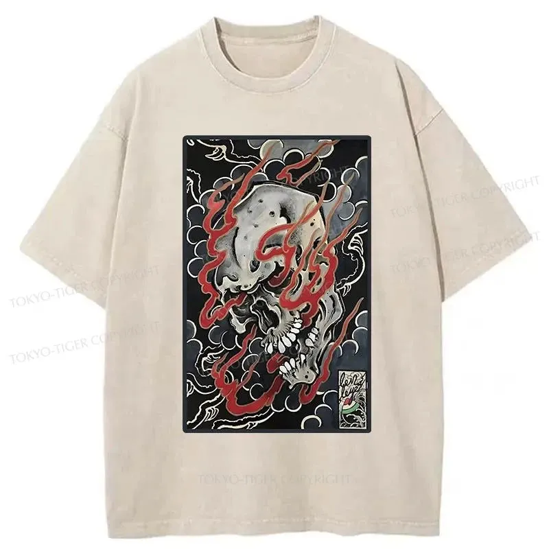 Tokyo-Tiger Flame And Skull Japanese Washed T-Shirt