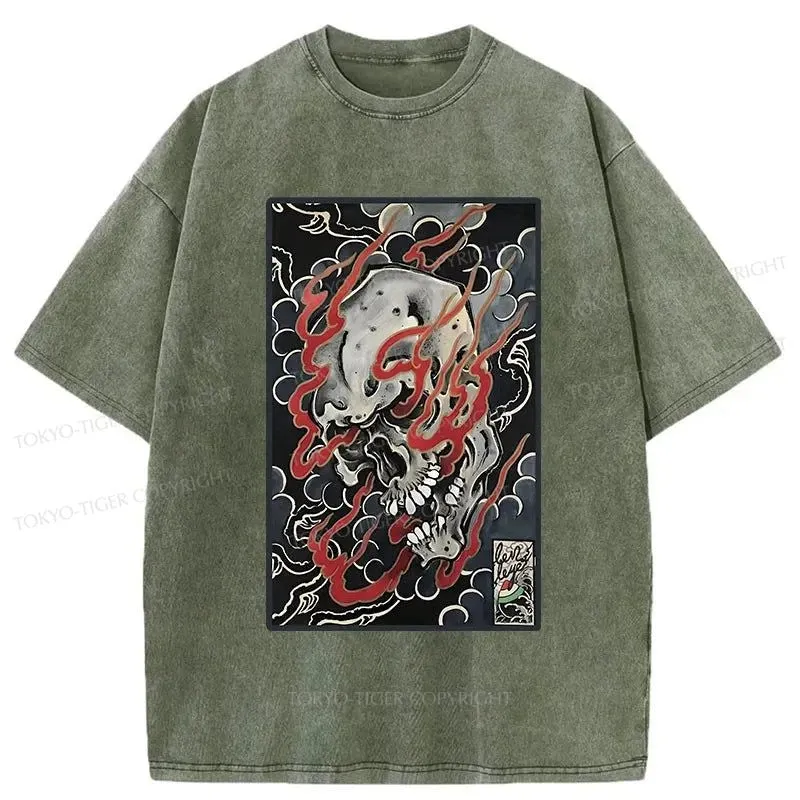 Tokyo-Tiger Flame And Skull Japanese Washed T-Shirt