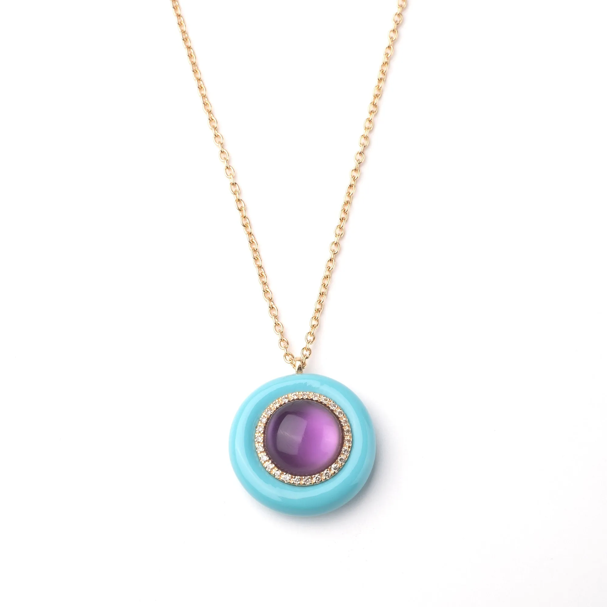 Turquoise enamel and amethyst 18k yellow gold pendant