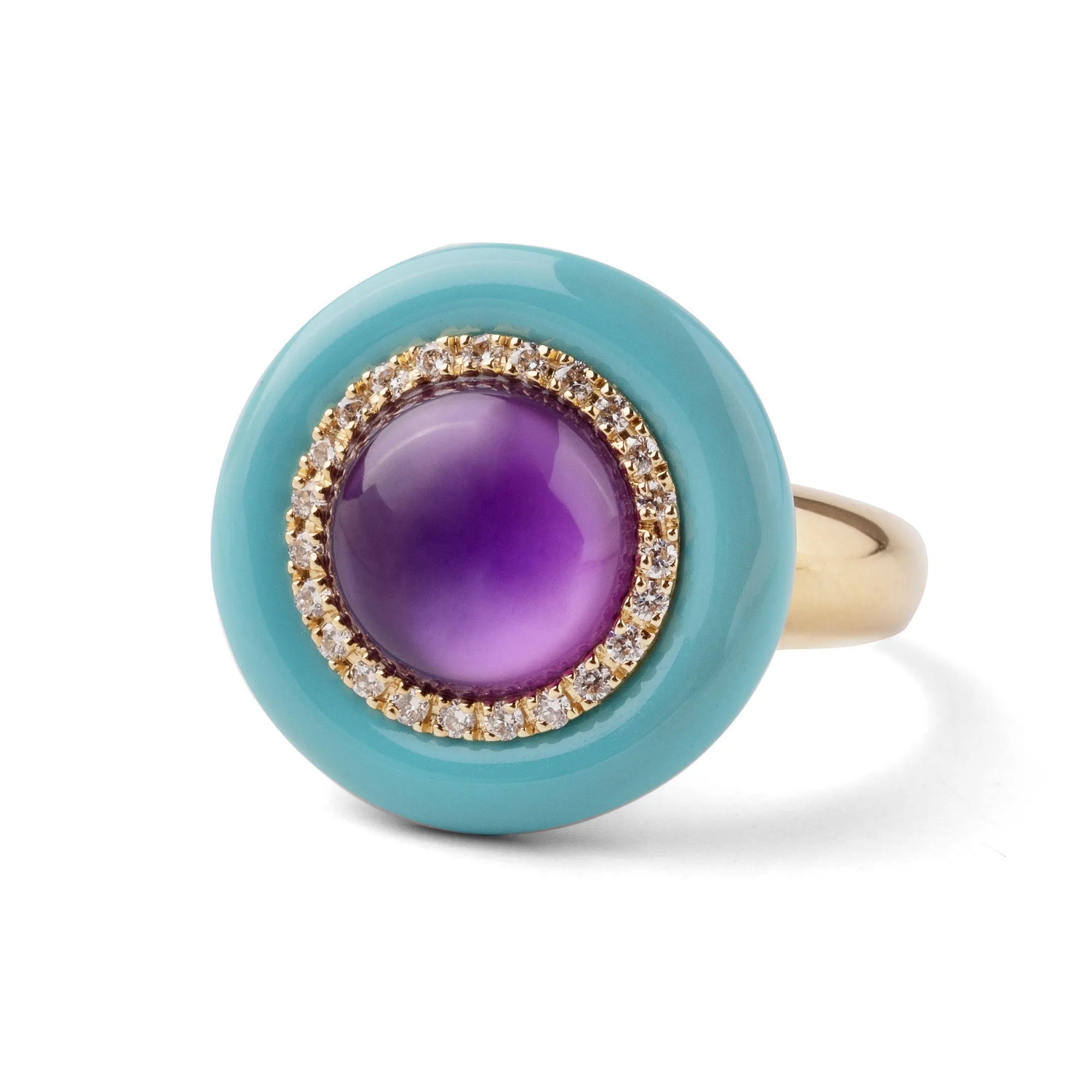 Turquoise enamel and amethyst 18k yellow gold ring