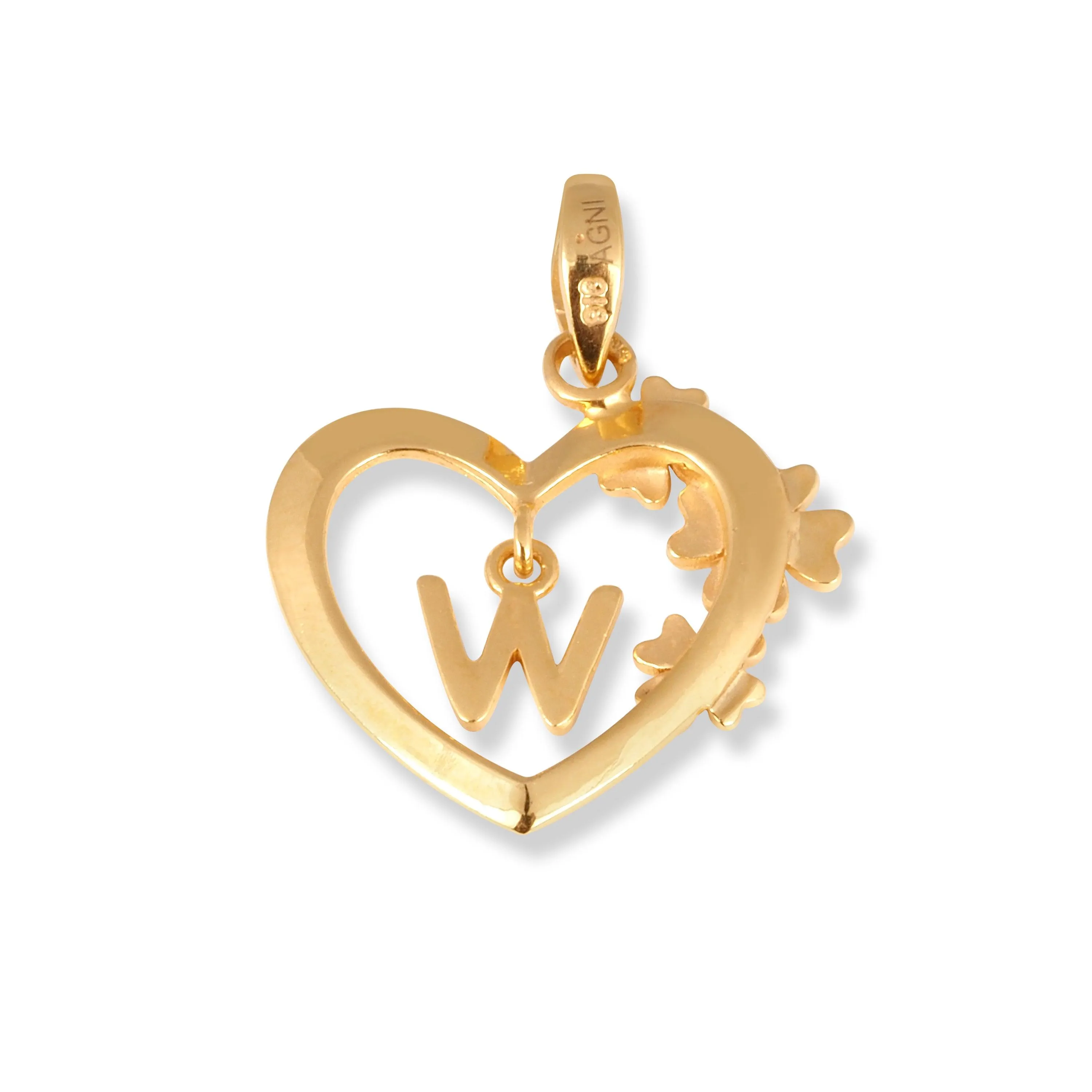 'W' 22ct Gold Heart Shape Initial Pendant with Flower Design P-7035-W