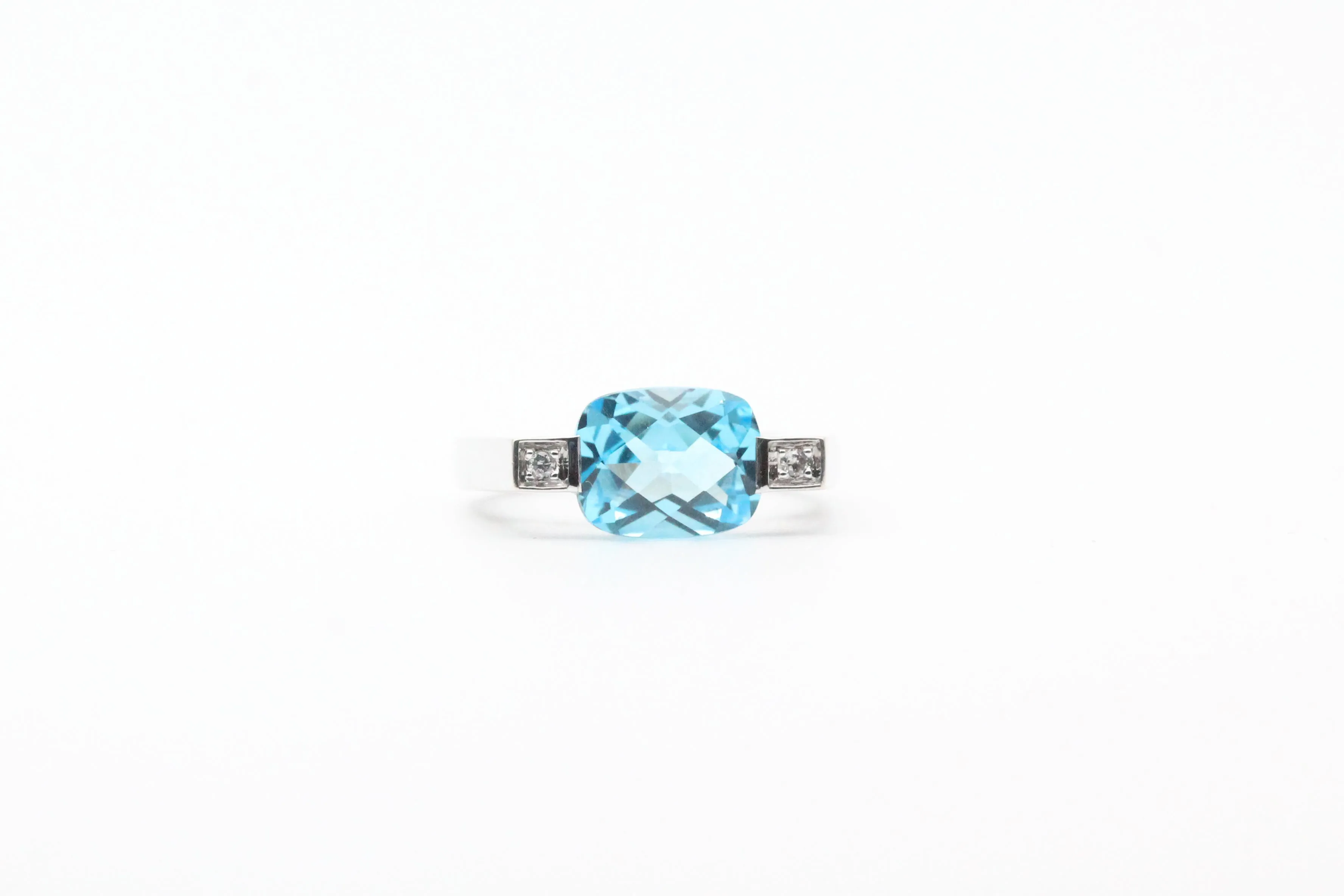 White Gold Checkerboard Cut Blue Topaz and Diamond Ring