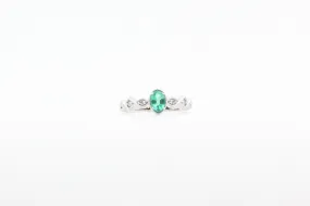 White Gold Oval Emerald and Diamond Ring with Milgrain Band